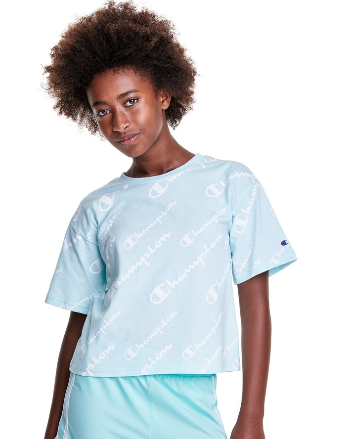 Champion Boxy Allover Logo T-Shirt Meisjes - LichtBlauw - Belgie 7829ZQSBA